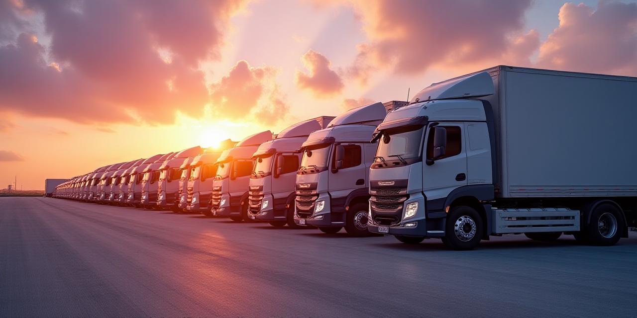 Modern logistics fleet of trucks at sunset