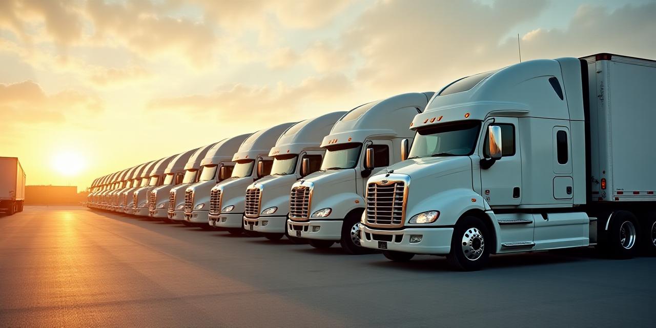 A fleet of modern logistics trucks lined up under a sunrise